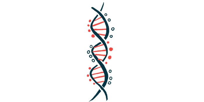 This illustration shows a close-up view of a strand of DNA.