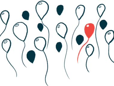 Illustration of red balloon surrounded by black and white ones.