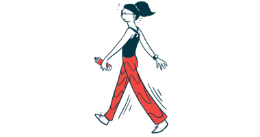 A woman is shown walking, carrying a baton or hand weight.