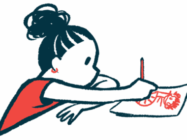 A child with a ponytail sits at a table drawing a picture.