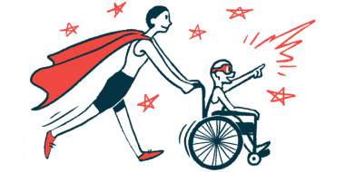 Illustration of person in cape pushing child in wheelchair