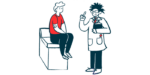 An illustration of a doctor talking to a man sitting on an examination table.