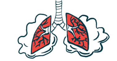 A pair of lungs, struggling to breathe, is shown in a close-up illustration.