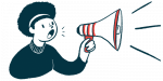 Spinraza trials now enrolling | SMA News Today | announcement illustration of woman with megaphone
