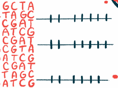This illustration of human genetics shows a strand of DNA along with sequences of its code.