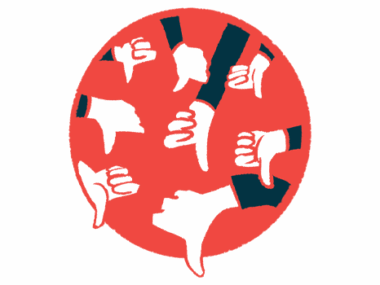 An illustration shows a number of hands giving the thumbs-down gesture within a red circle