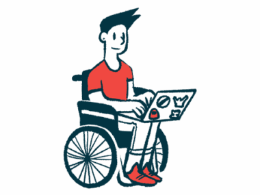 A person in a wheelchair uses a laptop.