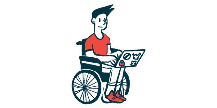 A person in a wheelchair uses a laptop.
