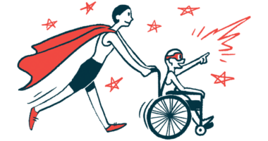 An illustration of a child in a wheelchair being pushed by an adult with a superhero cape.