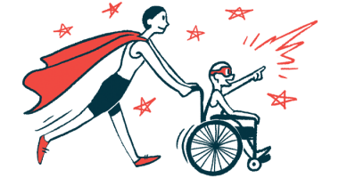 An illustration of a child in a wheelchair being pushed by an adult with a superhero cape.