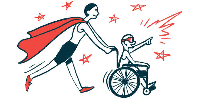 All Wheels Up for airplane accessibility | illustration of child in wheelchair pushed by adult with cape
