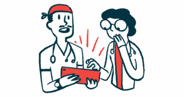 Spinraza use linked to improved arm and hand function | SMA News Today | illustration of doctors using smart tablet