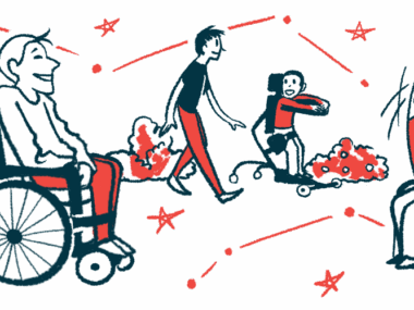 In this living well with SMA illustration, people using wheelchairs and a stander are seen getting exercise against a backdrop of healthy foods.