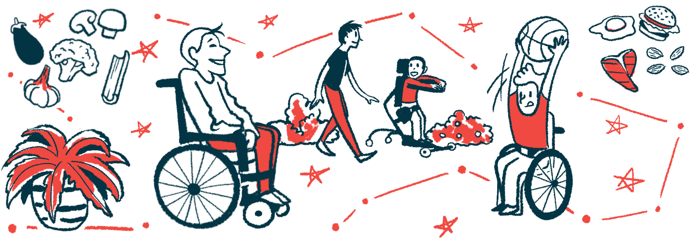 In this living well with SMA illustration, people using wheelchairs and a stander are seen getting exercise against a backdrop of healthy foods.