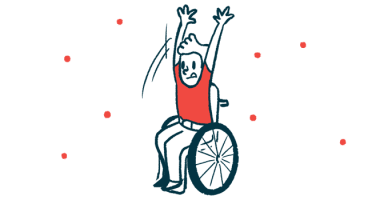 A child in a wheelchair shows an ability to quickly raise his arms above his head.