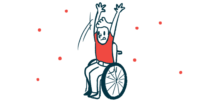 A child in a wheelchair raises his arms above his head.