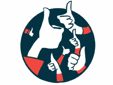 A group of hands each gives a thumbs up sign against the backdrop of a large black circle.