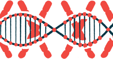 A strand of DNA is pictured against a backdrop of X's denoting chromosomes.