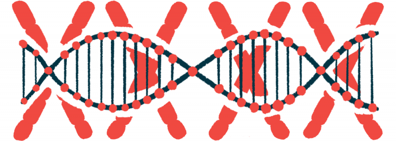 A strand of DNA is pictured against a backdrop of X's denoting chromosomes.