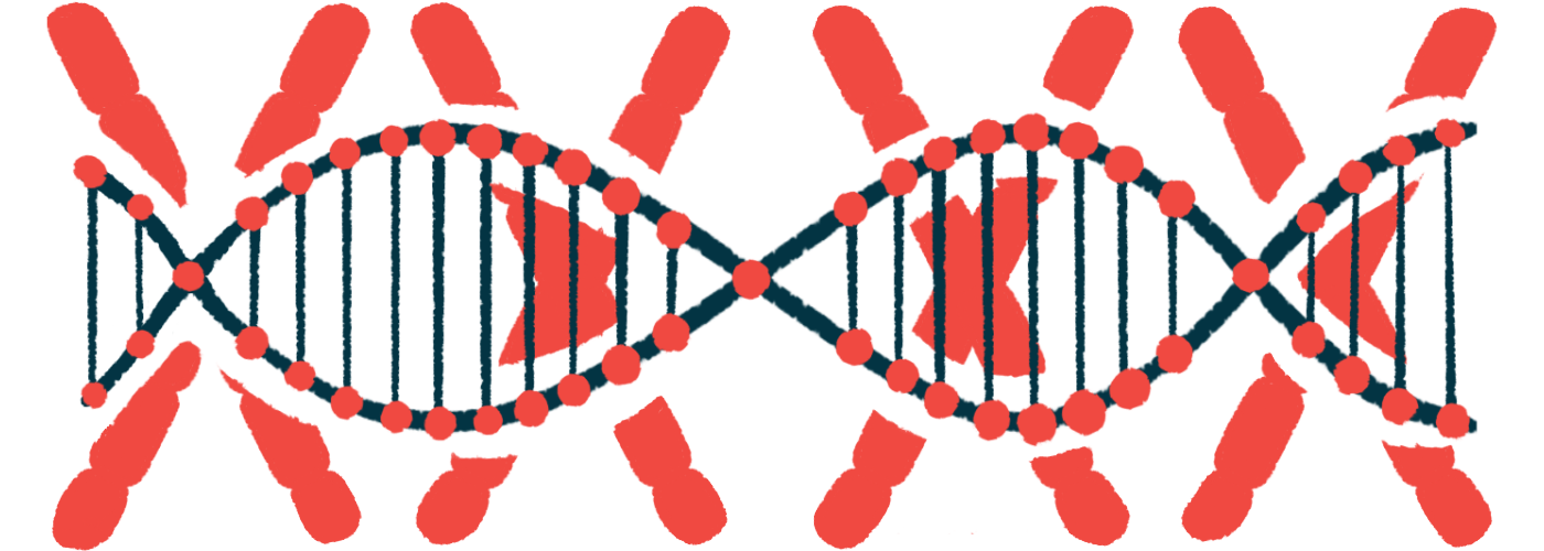 A strand of DNA with chromosomes is shown.