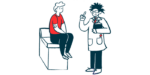 Illustration of a doctor talking to a patient sitting on an exam table.