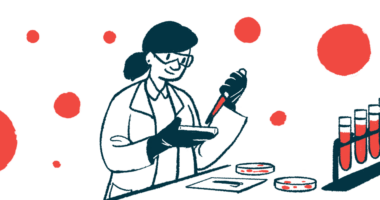 An illustration of a scientist working in a laboratory with a dropper and blood samples.