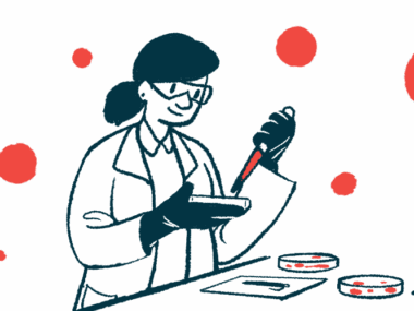 A scientist works in a laboratory with a dropper and petri dishes, alongside a rack with four full vials.