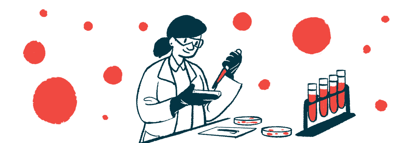 An illustration of a scientist working in a laboratory with a dropper and blood samples.