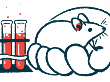 An oversized hand holds a mouse alongside a rack of vials in a lab.