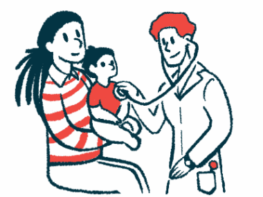 A doctor uses a stethoscope to listen to the heart of a child sitting on a parent's lap.