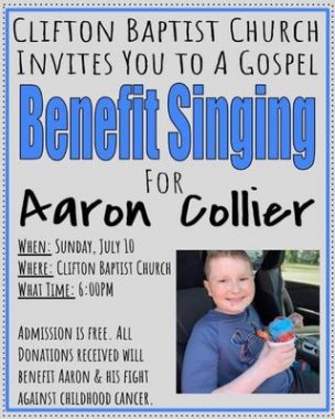 community support | SMA News Today | A graphic announces a benefit for Aaron Collier at a local church. The graphic has a photo of Aaron smiling and eating a snow cone.