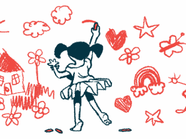 A child in pigtails and wearing a tutu draws pictures on a wall.