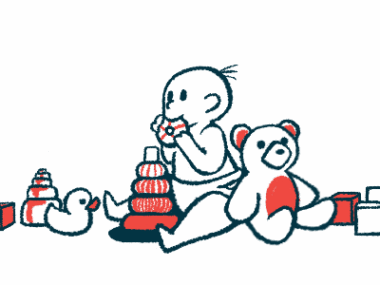 An illustration of a baby playing with toys.