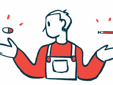 Illustration of person with raised arms, with a pill and a syringe floating above their hands.