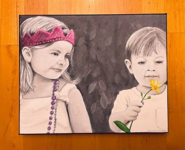 This photo shows a painting of the children in the previous photo. The image is magnified and in black and white, with only the purple crown and beads and yellow flower with green stem in color.