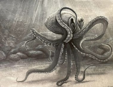 A photo of a black-and-white painting of a large octopus, seemingly in the ocean, with rocks in the background and the glimmer of sunlight above.