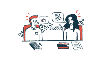 Illustration shows two people seated at a desk, sharing their opinions and experiences with each other.