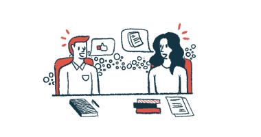 Illustration shows two people seated at a desk and engaged in a collaboration.