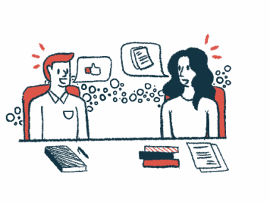 Illustration shows two people seated at a desk, sharing their opinions and experiences with each other.