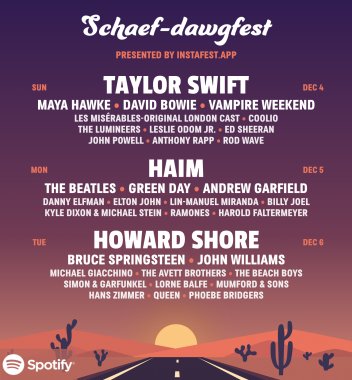 A Spotify graphic depicts Kevin Schaefer's top artists of 2022, in the style of a concert schedule. The background shows a desert road and sunset, and top artists include Taylor Swift, Haim, and Howard Shore.