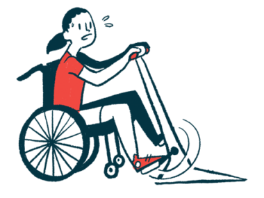 A person in a wheelchair shows fatigue while pedaling on an exercise machine.