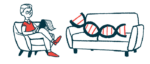 Illustration of a therapist in a chair taking notes on a tablet while a strand of DNA — representing gene therapy — reclines on a couch.
