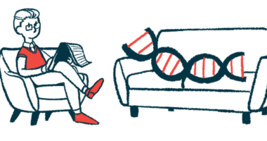 A gene therapy illustration shows a therapist siting in a chair taking notes on a tablet while a strand of DNA reclines on a couch.