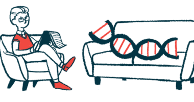 A therapist sits in a chair taking notes on a tablet while a strand of DNA — representing gene therapy — reclines on a couch.