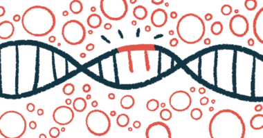 A strand of DNA is marked by damage.