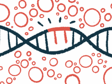 A strand of DNA is marked by damage.