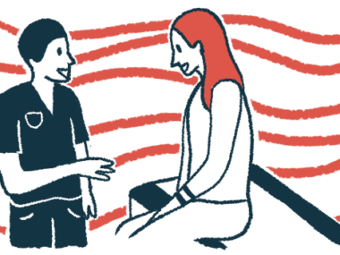 A clinician talks with a patient who is seated on an examining table.