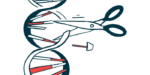 A graphic showing a scissor cutting or splicing a double-helix strand of DNA.