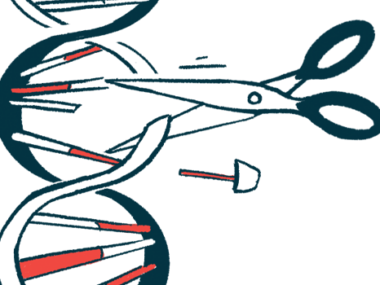 A graphic showing a scissor cutting or splicing a double-helix strand of DNA.