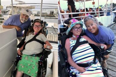 In two photos, we see a woman with glasses in a wheelchair; she's outside on a boat. In the photo at left, she wears a green skirt and light gray T-shirt, and there's a man with a white beard leaning over her shoulder; he's in a purple shirt and wears a light gray cap. At right we see her in a floppy, multicolored hat and a white skirt with no sleeves and multicolored thin horizontal stripes. Off her shoulder is a grinning woman with graying hair wearing a purple T-shirt.